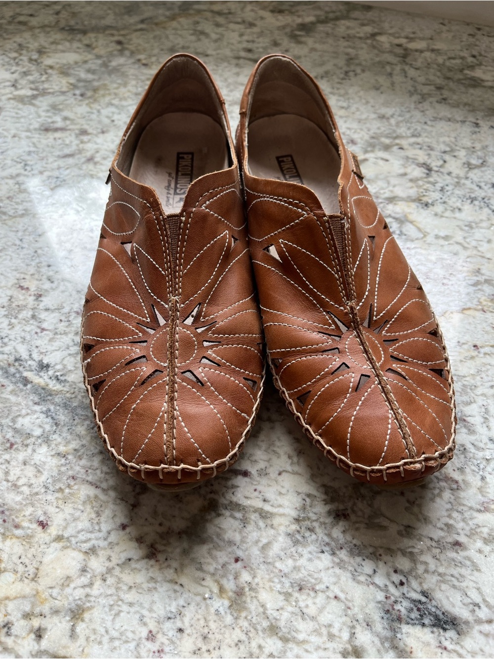 PIKOLINOS Tan Leather Slip-On Loafers with Floral Cutouts